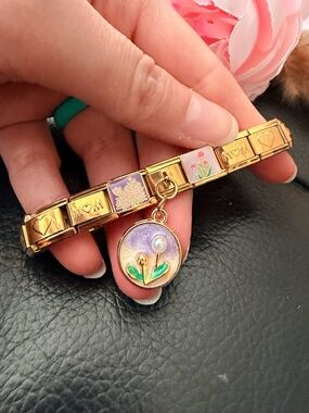 Mother’s Day Floral Italian Charm Bracelet with Pearl Flower Dangle – Gold Tone